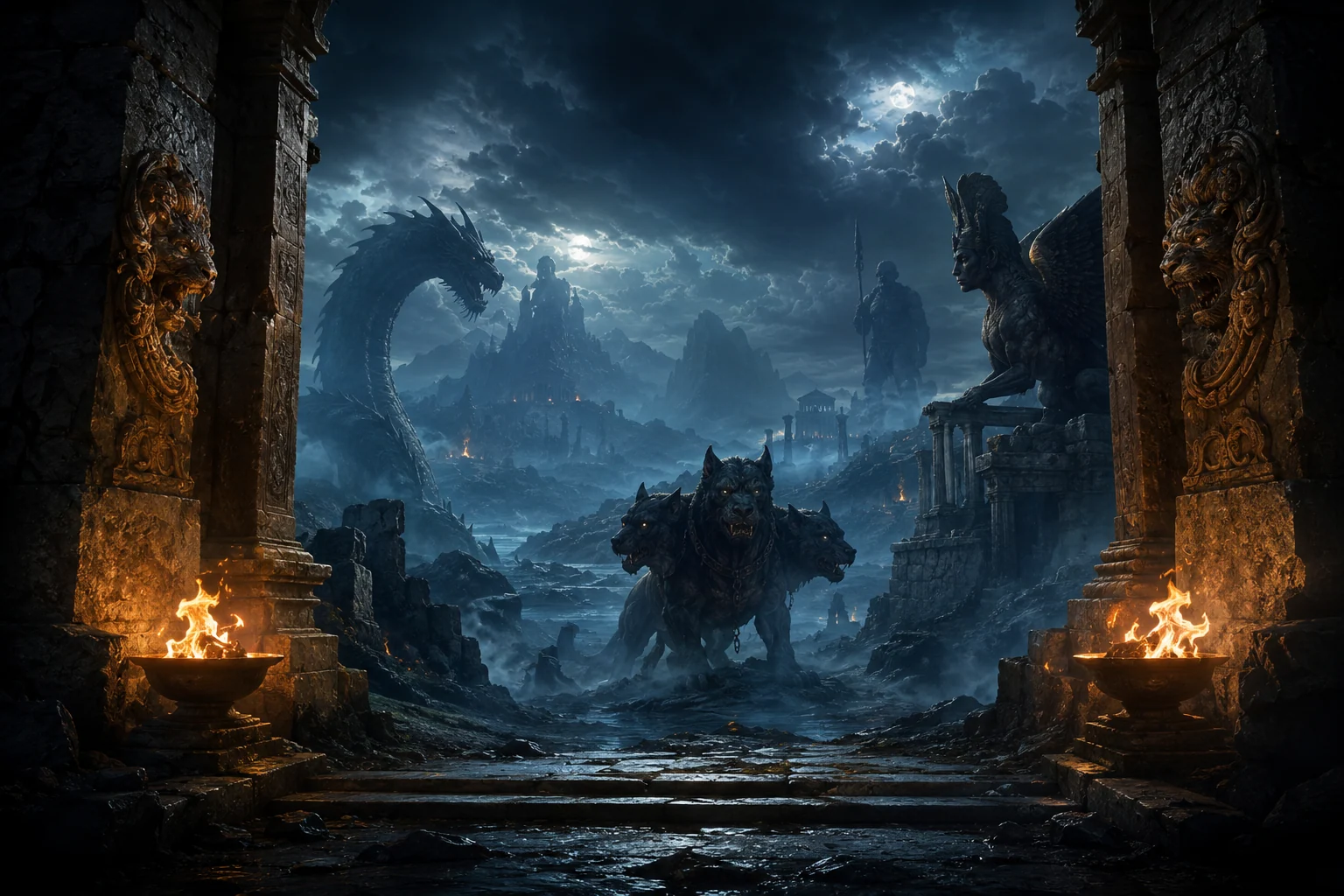 Assemblage de créatures mythologiques devant un seuil monumental