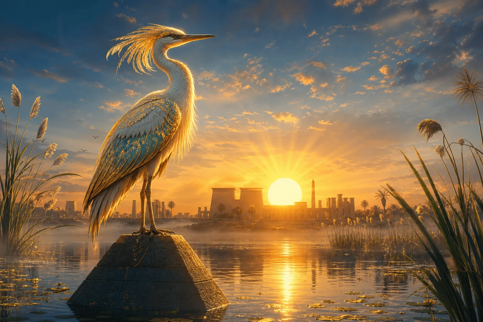 Bénou, oiseau sacré, sur une pierre benben au lever du soleil
