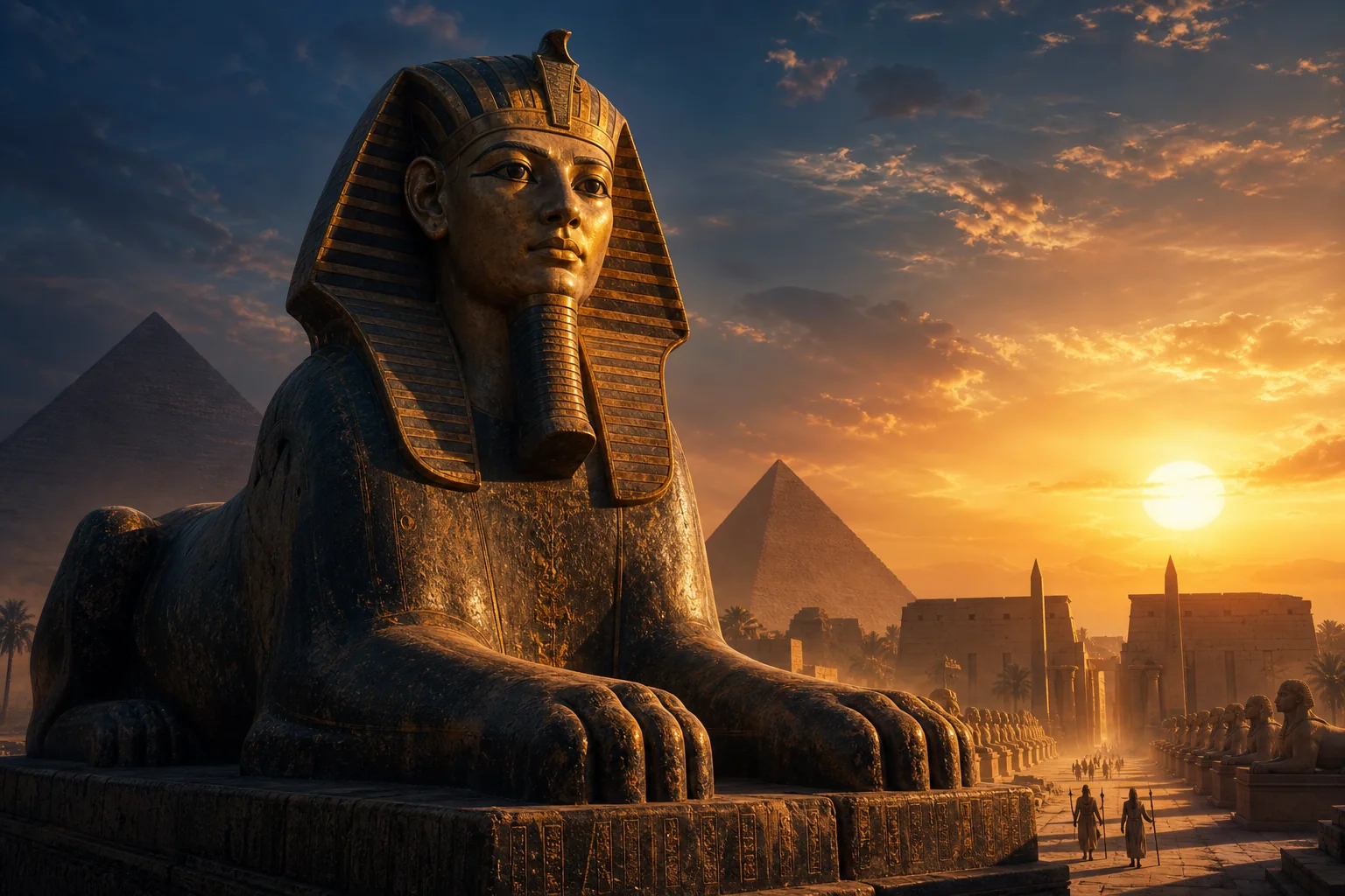 Sphinx égyptien monumental gardant un temple au soleil couchant