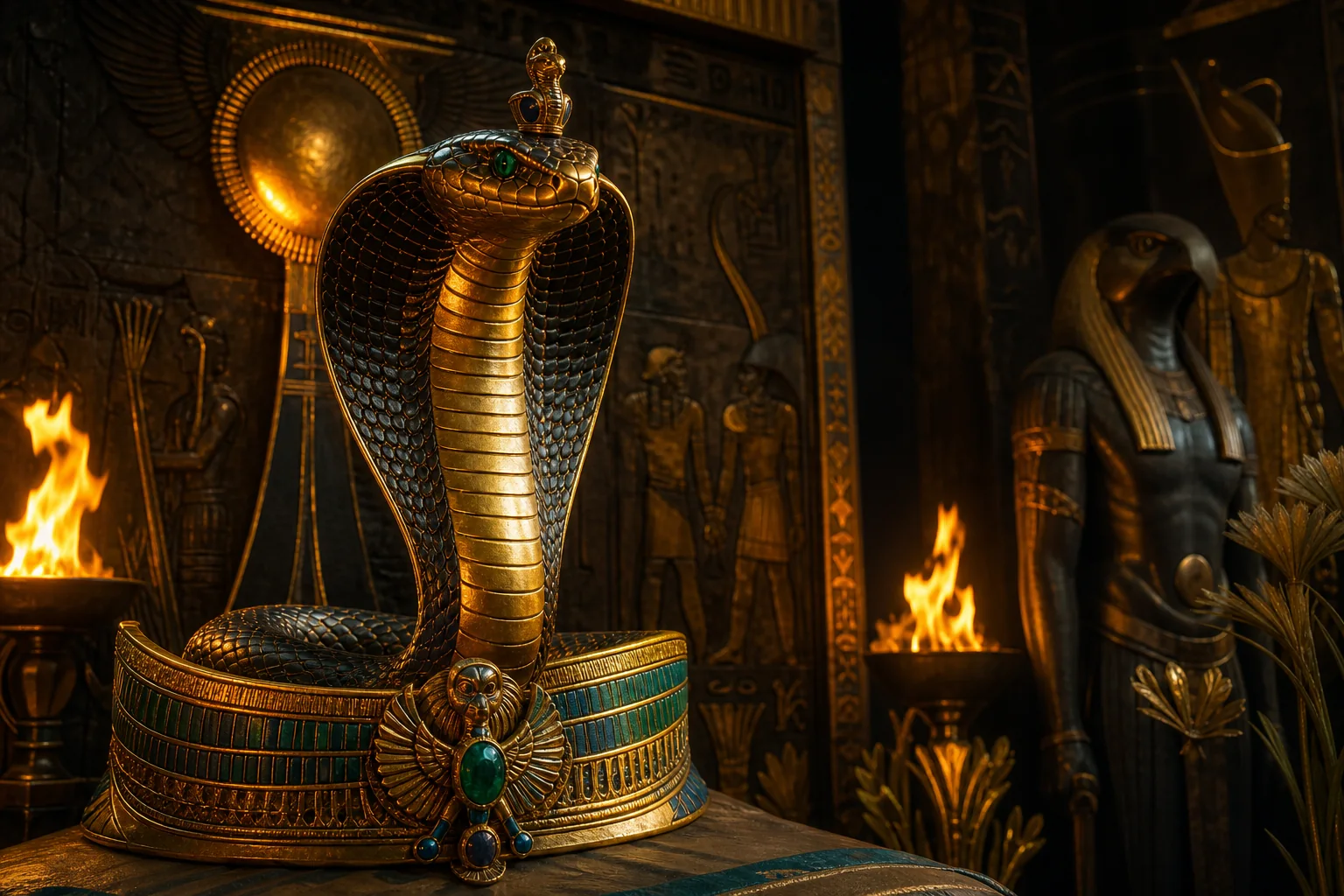 Uræus, cobra royal dressé sur une couronne égyptienne dans un sanctuaire