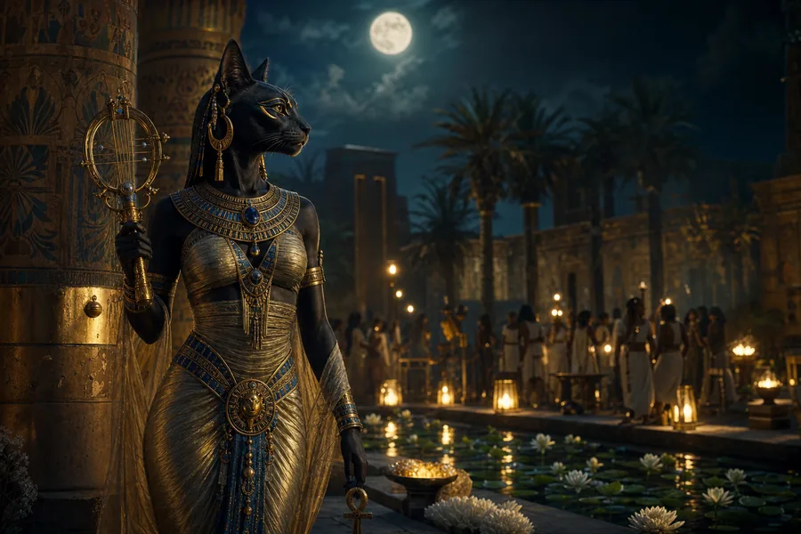 Bastet, protection et joie domestique, illustration mythologique