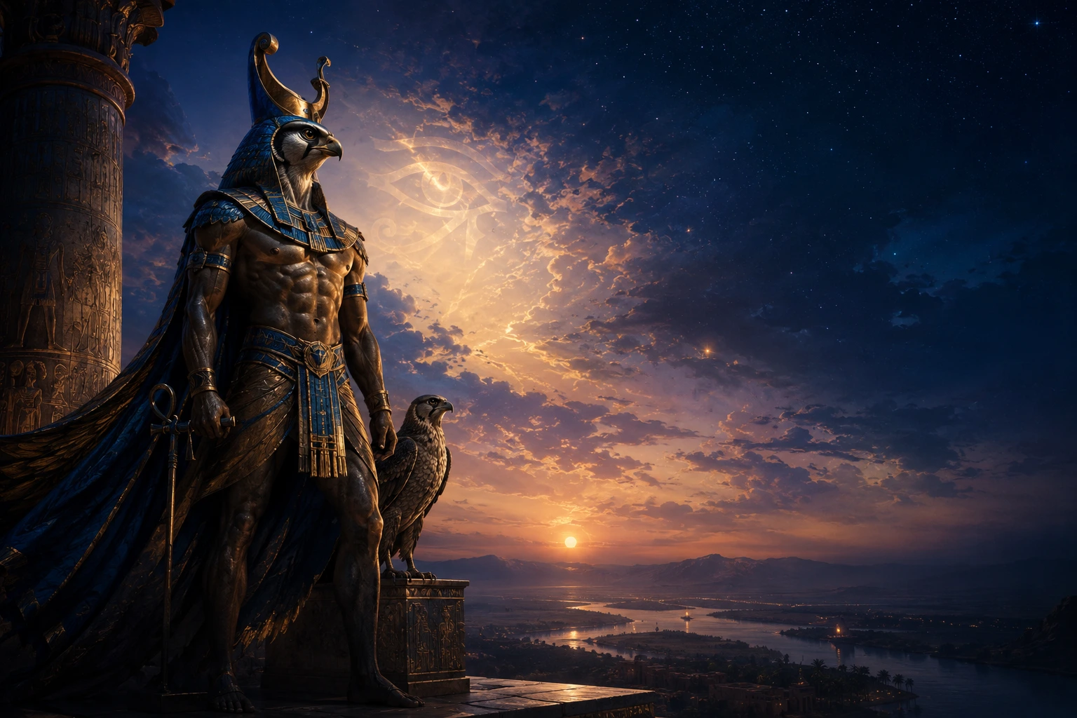 Edfou, grand temple d'Horus avec pylône et faucon sacré