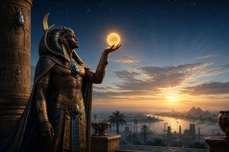 Khépri, soleil levant et devenir, illustration mythologique