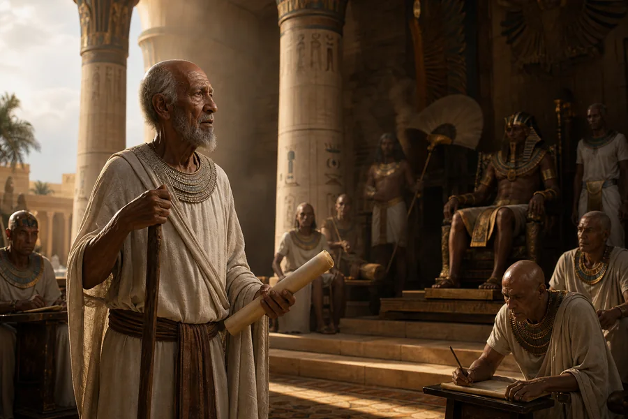 Djédi, sage magicien, devant la cour d'un pharaon