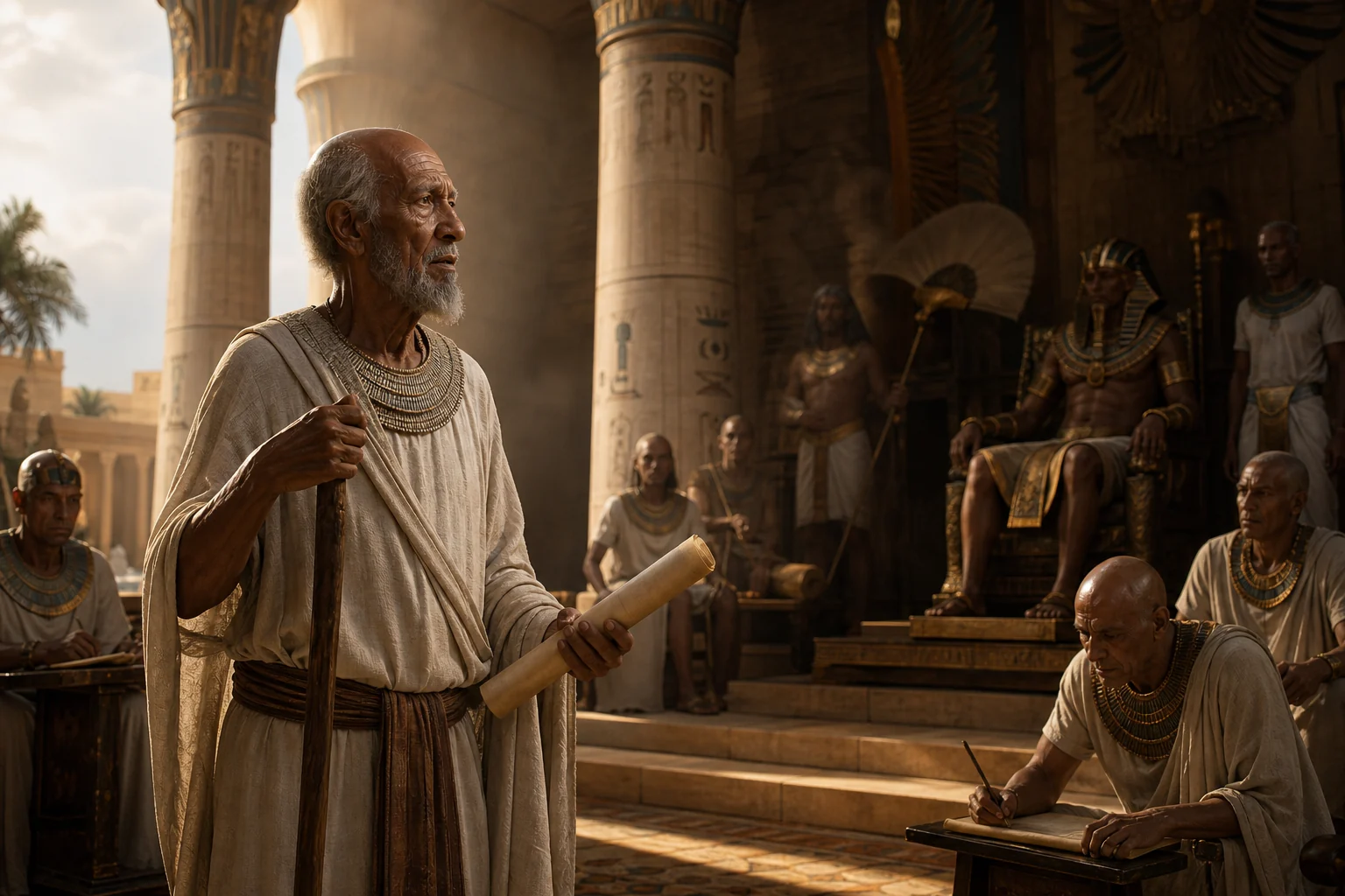 Djédi présentant un prodige devant une cour pharaonique éclairée par des torches