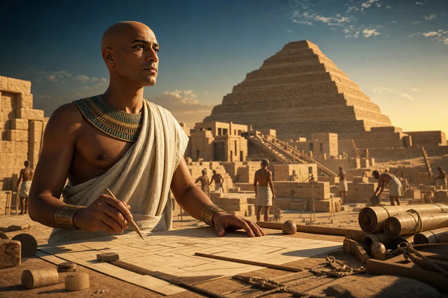 Imhotep devant un chantier sacré de Saqqara, au milieu de plans et de colonnes