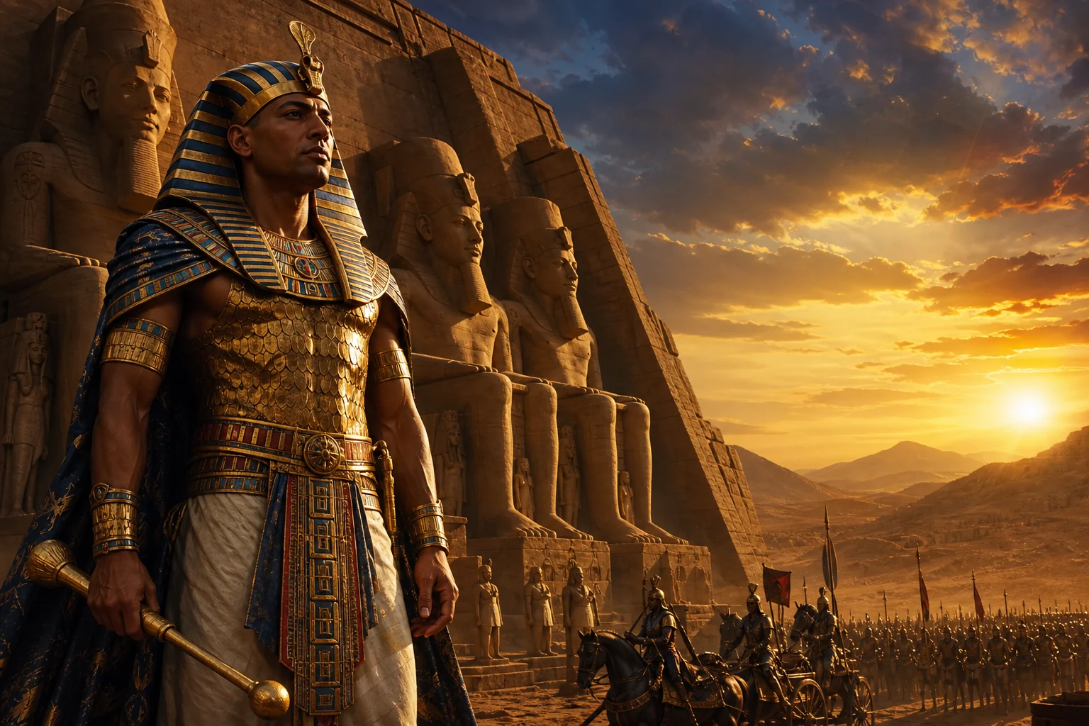 Ramsès II avançant devant des statues colossales, des temples et une lumière solaire