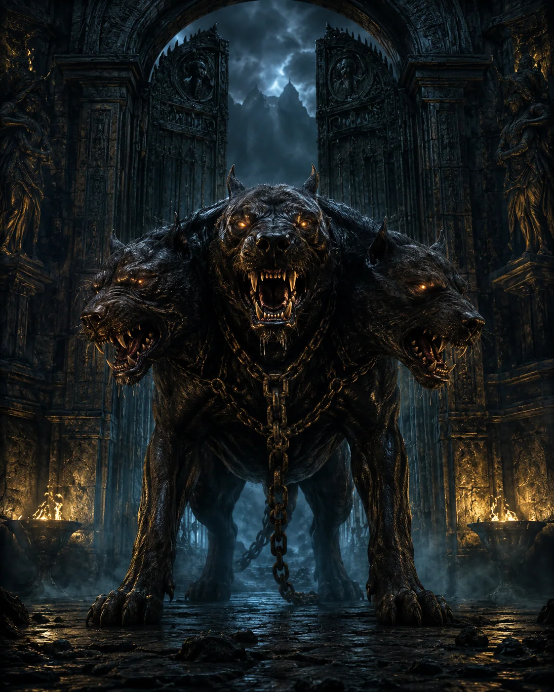 Illustration stylisée de Cerbère, chien gardien des Enfers
