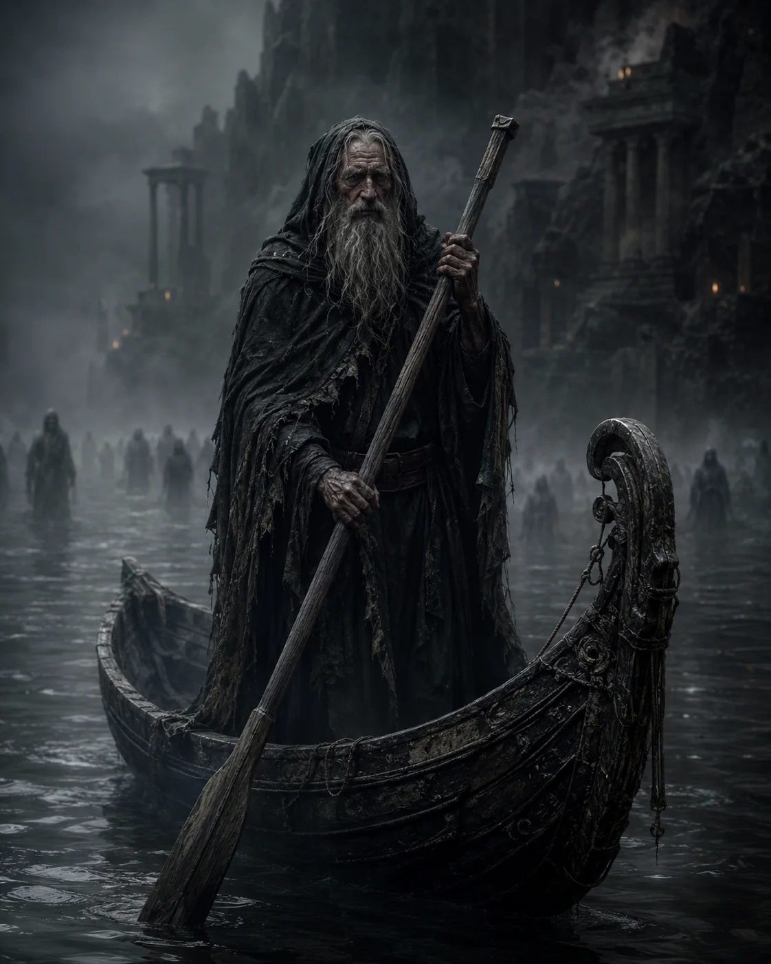 Illustration stylisée de Charon, passeur des morts