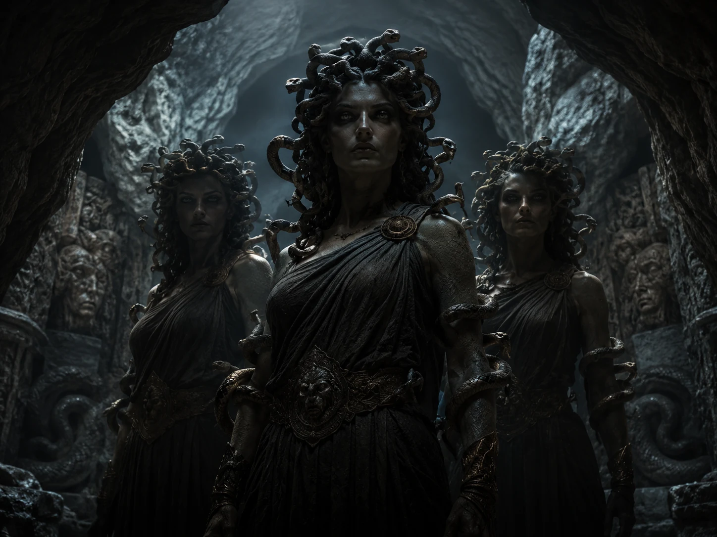 Les Gorgones dans une grotte de pierre, figures protectrices et terribles