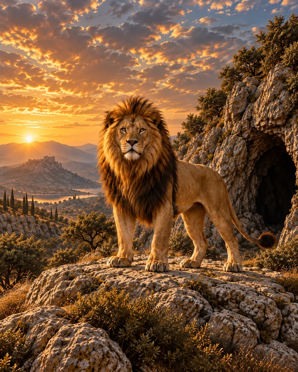Évocation artistique du lion de Némée devant une caverne