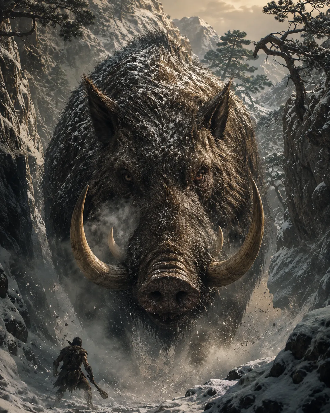Sanglier d'Érymanthe dans une montagne enneigée