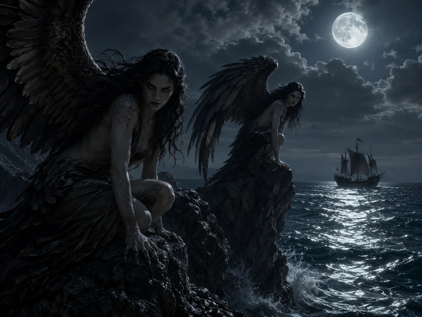 Illustration des Sirènes dans un paysage marin nocturne