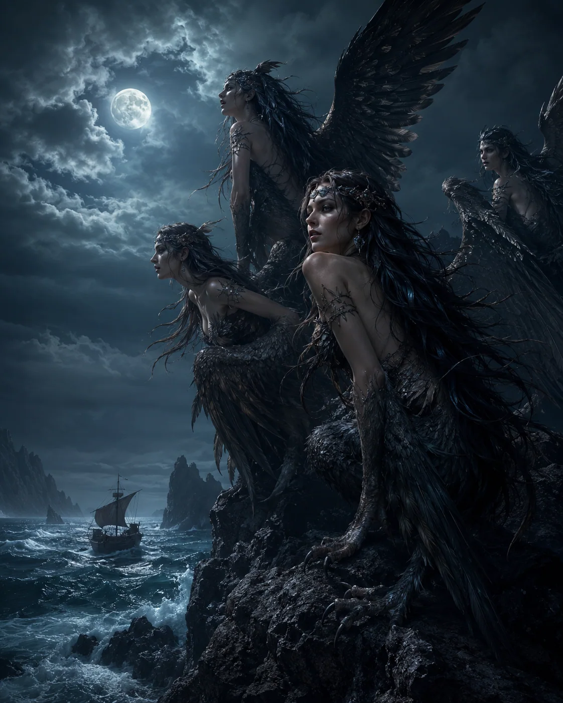 Illustration des Sirènes au bord d'une mer nocturne