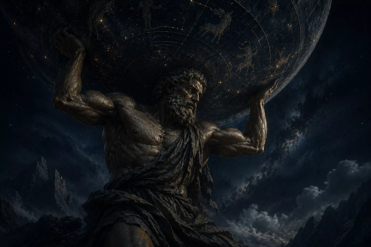 Atlas, Titan colossal, portant la voûte céleste étoilée sur ses épaules