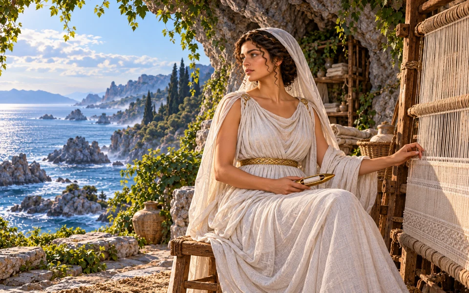 Évocation artistique de Calypso au métier à tisser, en robe blanche avec ceinture d’or et voile