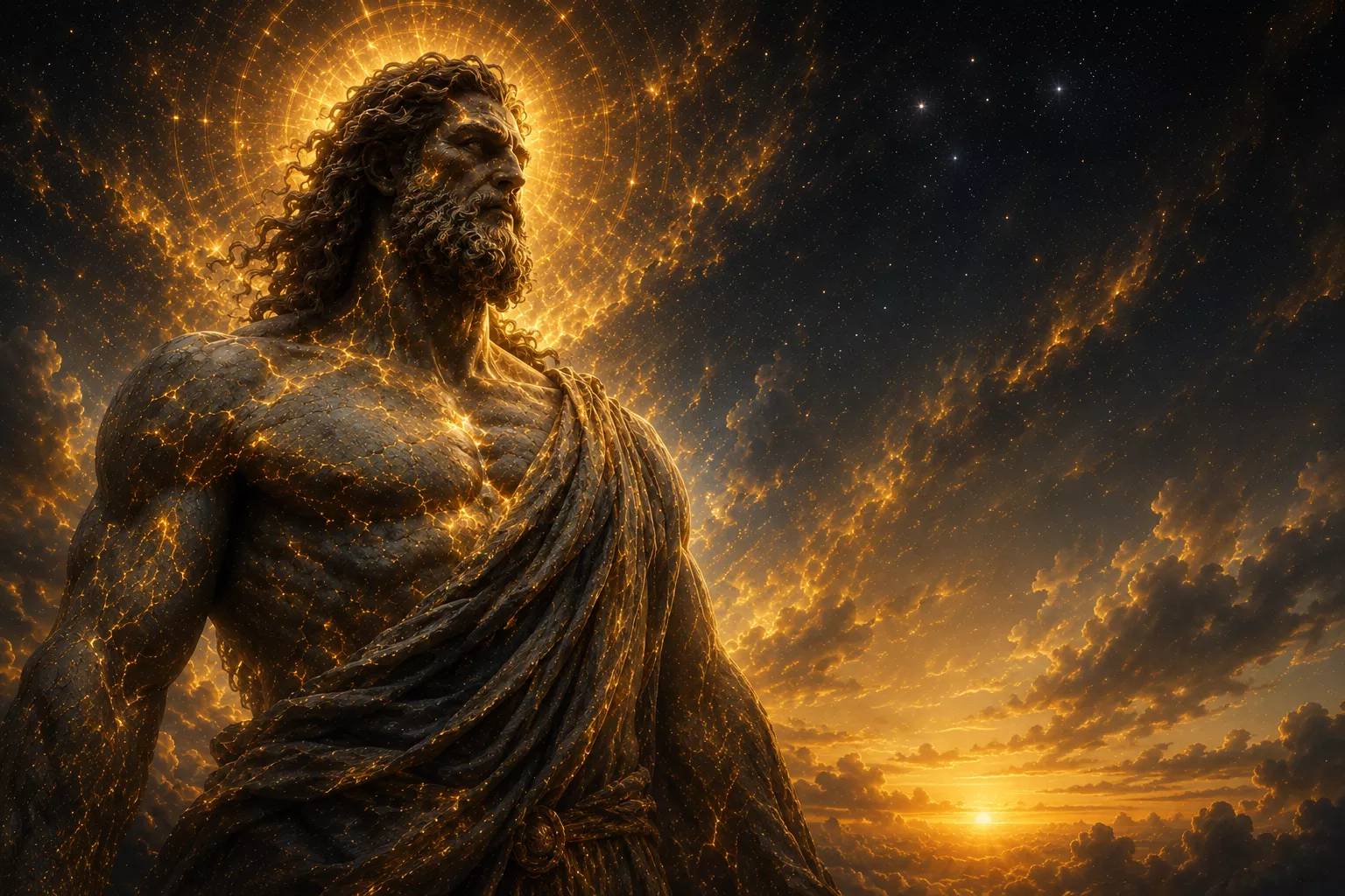 Hypérion, Titan lumineux, entouré de rayons solaires et d'un ciel étoilé