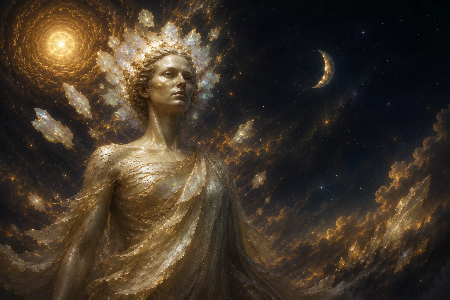 Théia, Titanide de l'éclat, drapée de lumière dorée et argentée