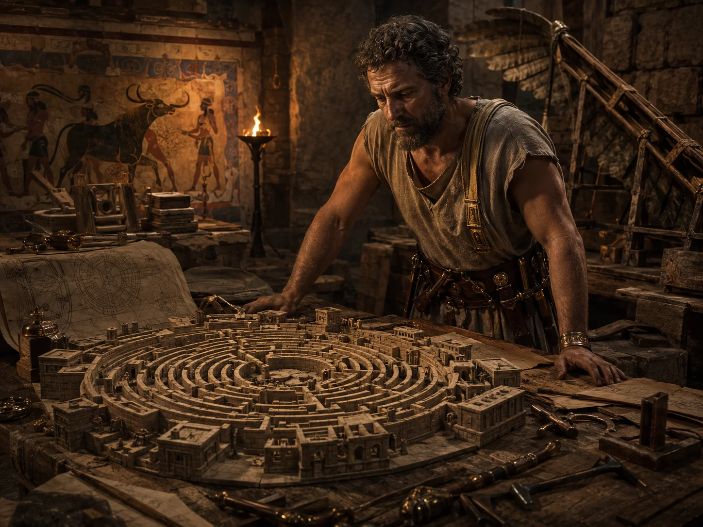 Dédale devant les plans du Labyrinthe de Crète
