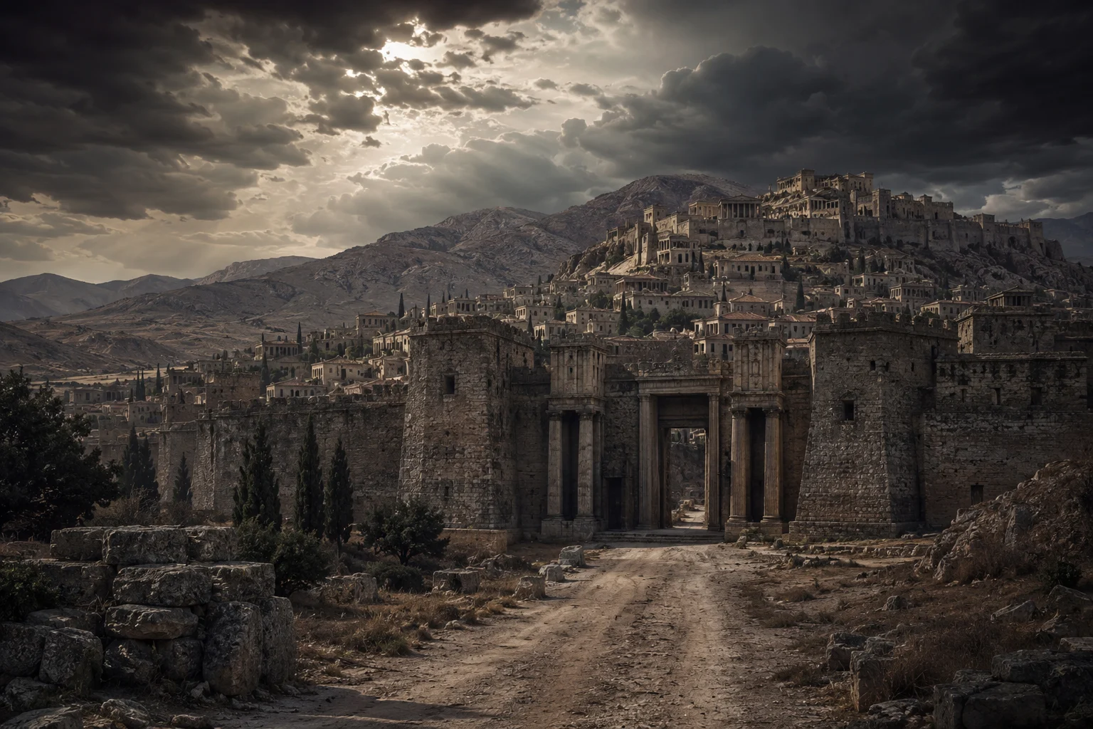 Thèbes mythologique, portes monumentales et atmosphère tragique