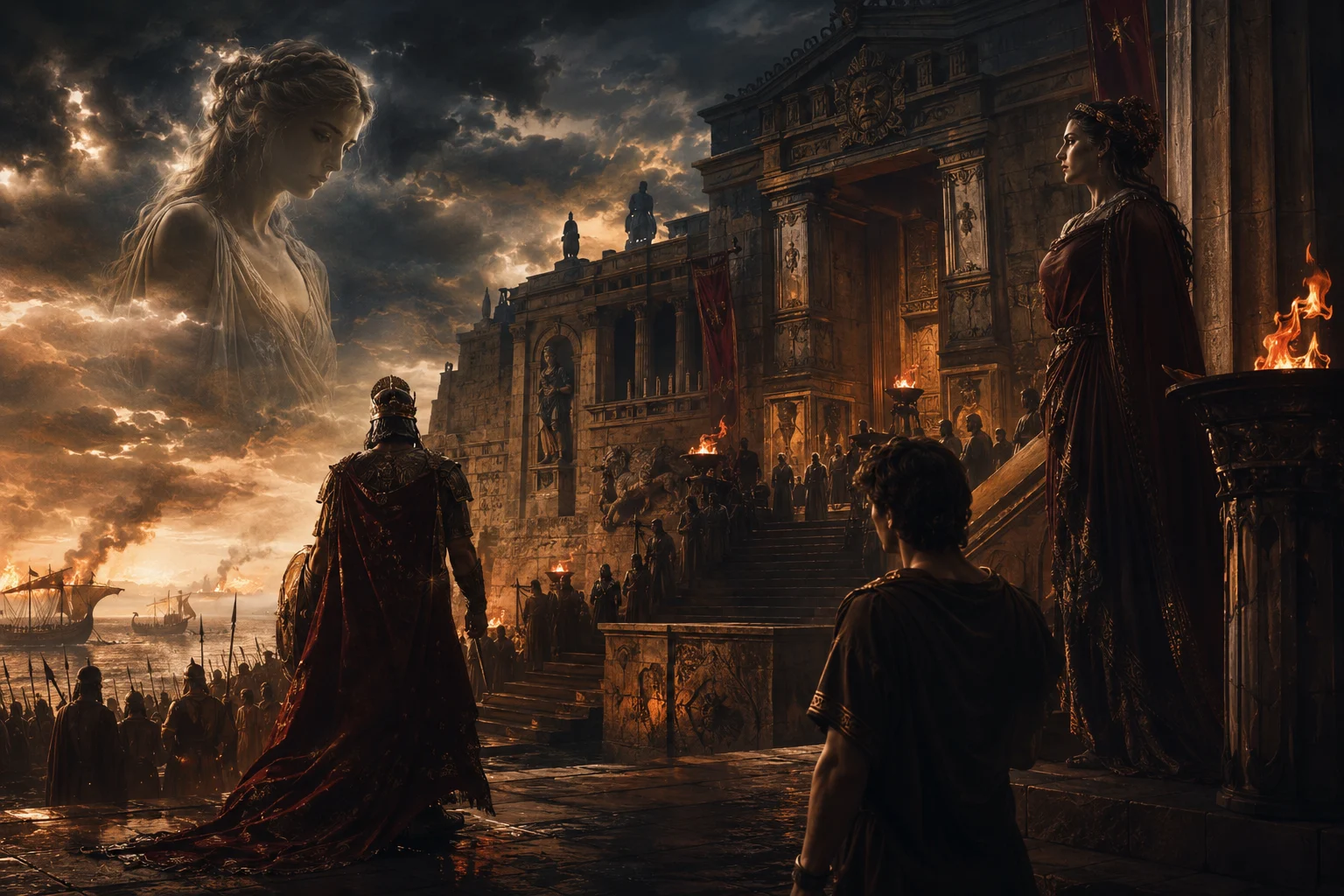 Agamemnon dans une atmosphère sombre évoquant la maison des Atrides
