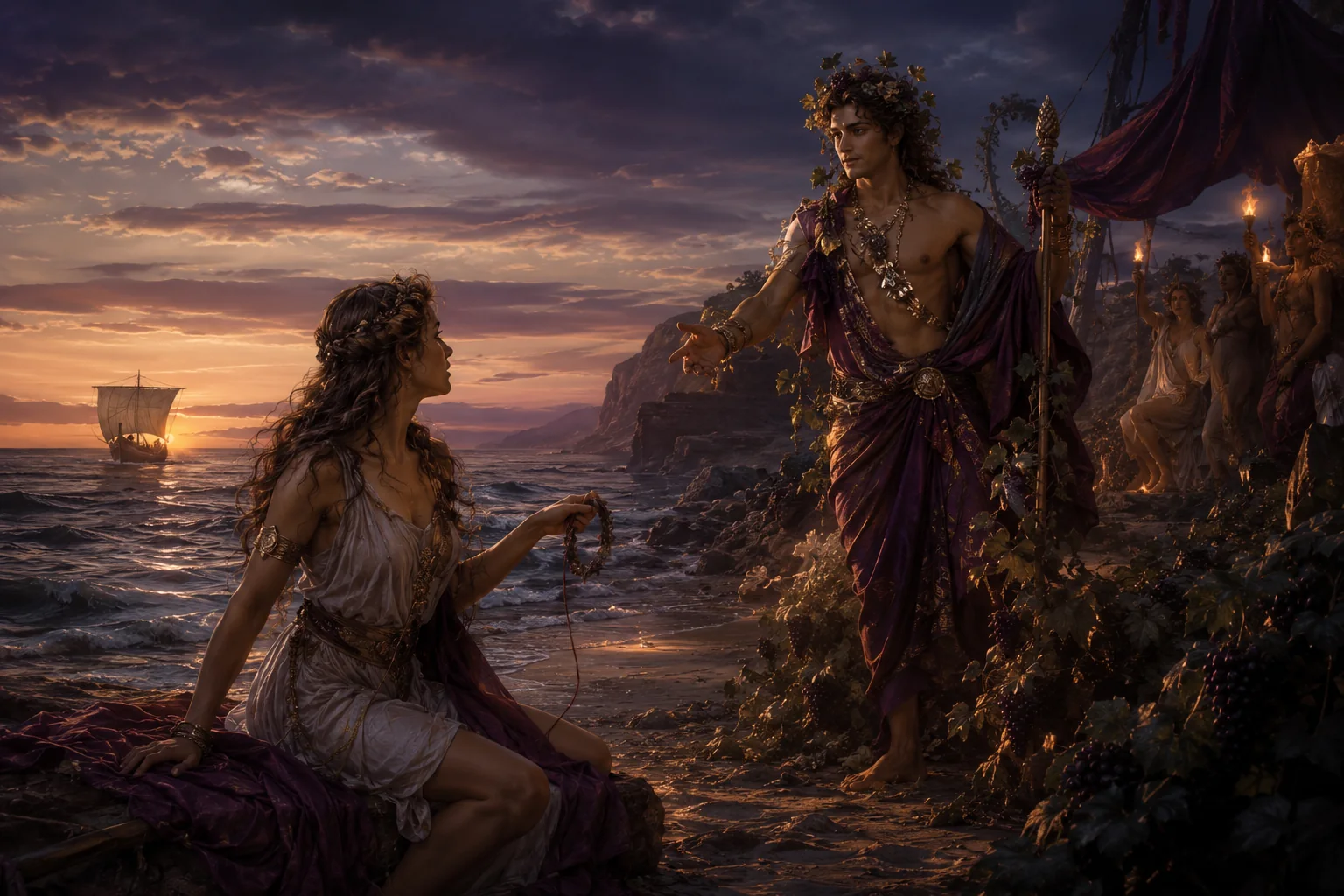 Ariane sur l'île de Naxos rencontrant la présence lumineuse de Dionysos