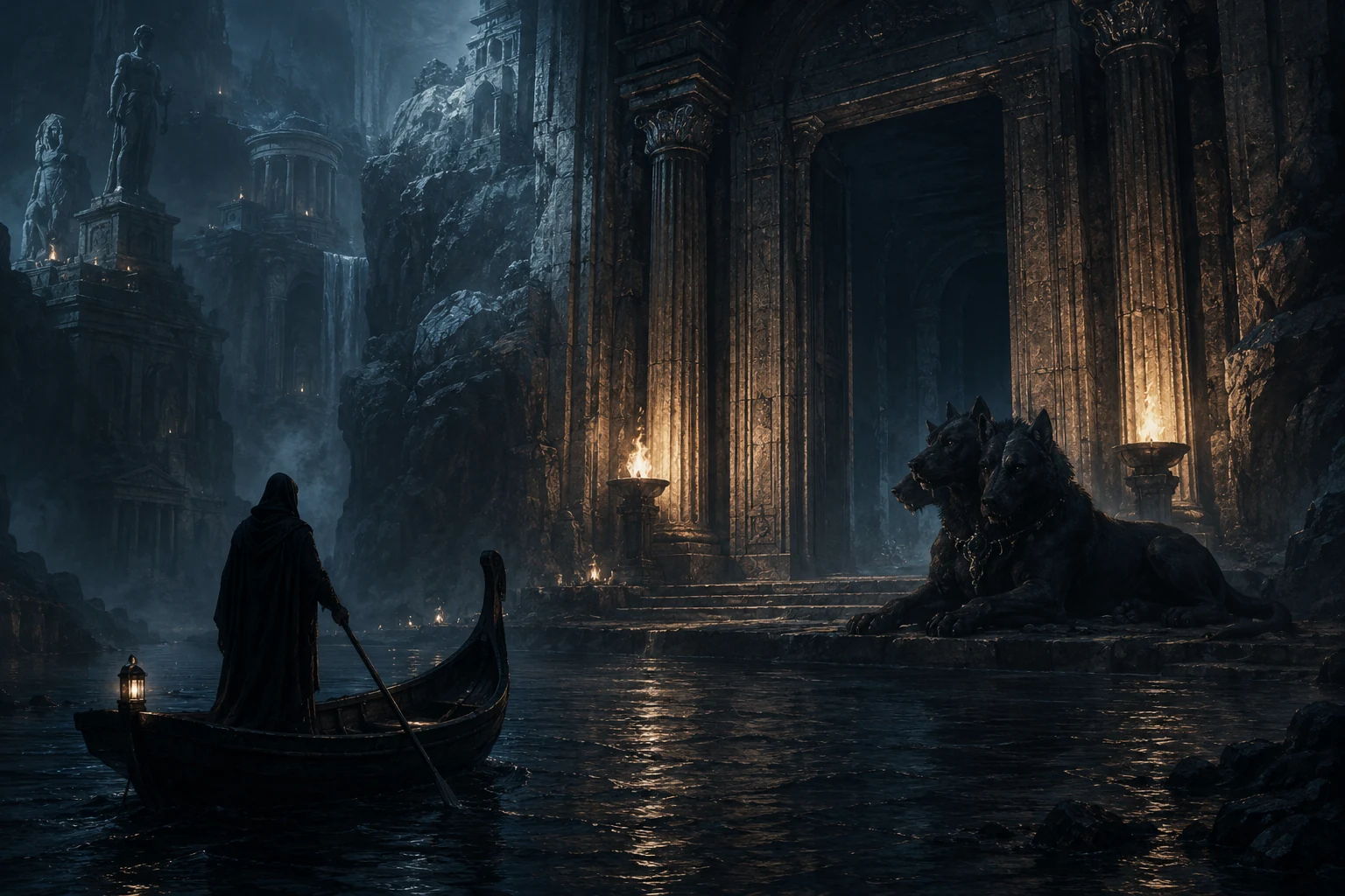 Seuil monumental des Enfers grecs avec Charon, Cerbère et un fleuve sombre