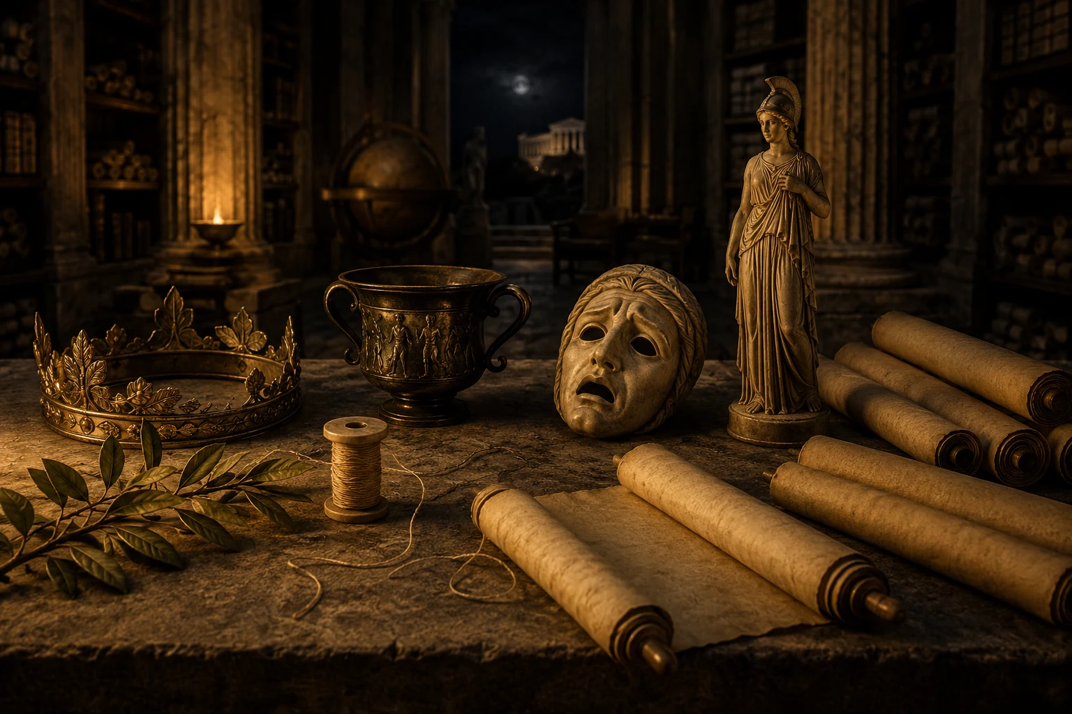 Table antique avec rouleaux et symboles mythologiques pour le glossaire grec