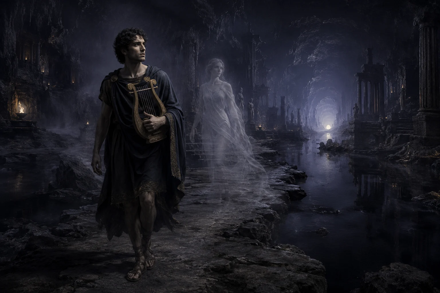 Orphée avec sa lyre dans une atmosphère sombre évoquant la descente aux Enfers