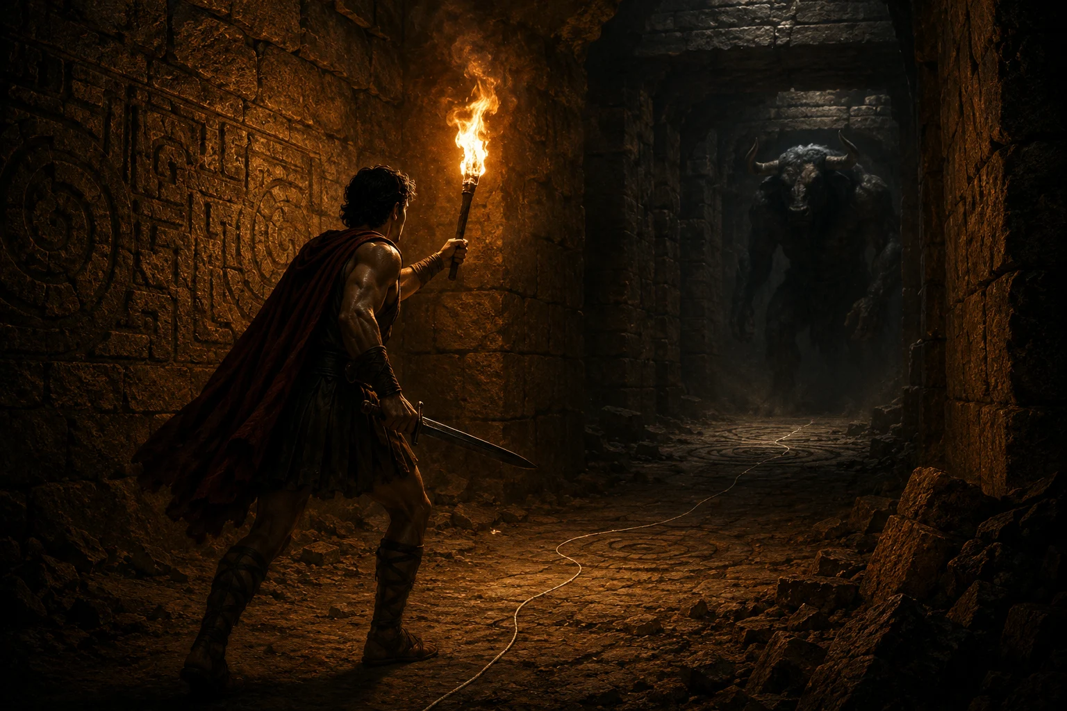 Thésée dans l'ombre du Labyrinthe avant d'affronter le Minotaure