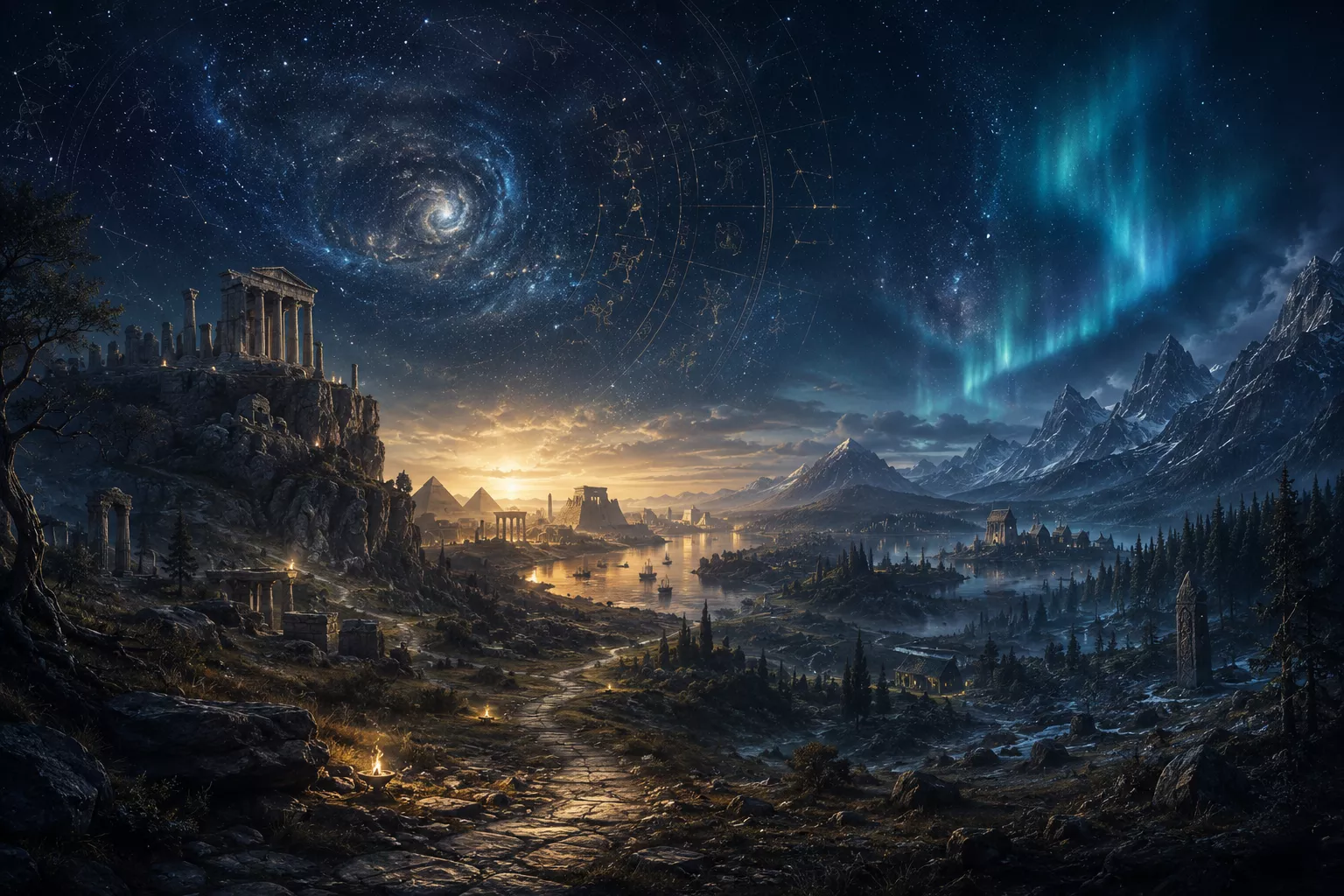 Paysage mythologique reliant cosmogonie grecque, seuils égyptiens et monde nordique
