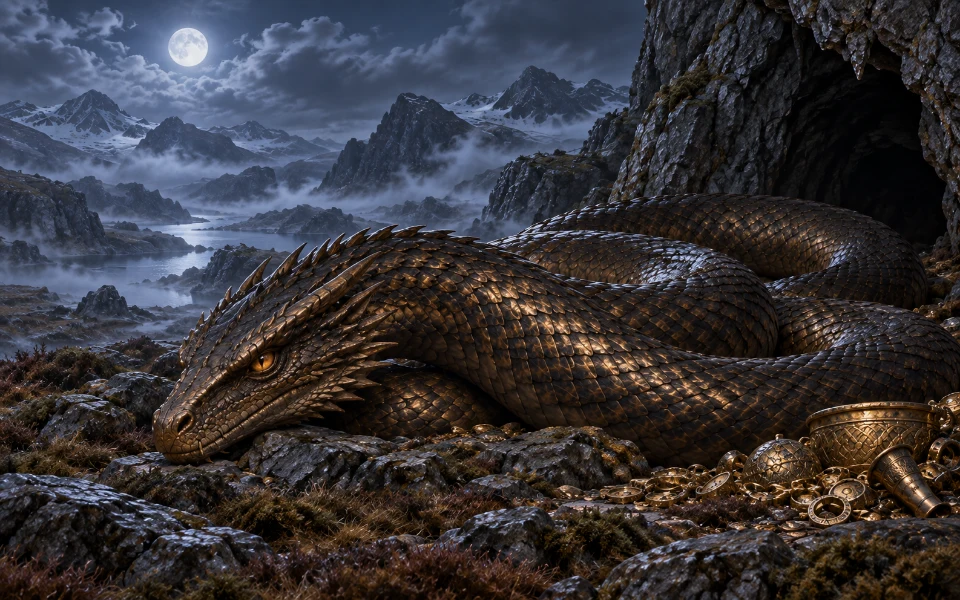 Fáfnir, dragon serpentin, allongé près de son trésor sur une lande rocheuse