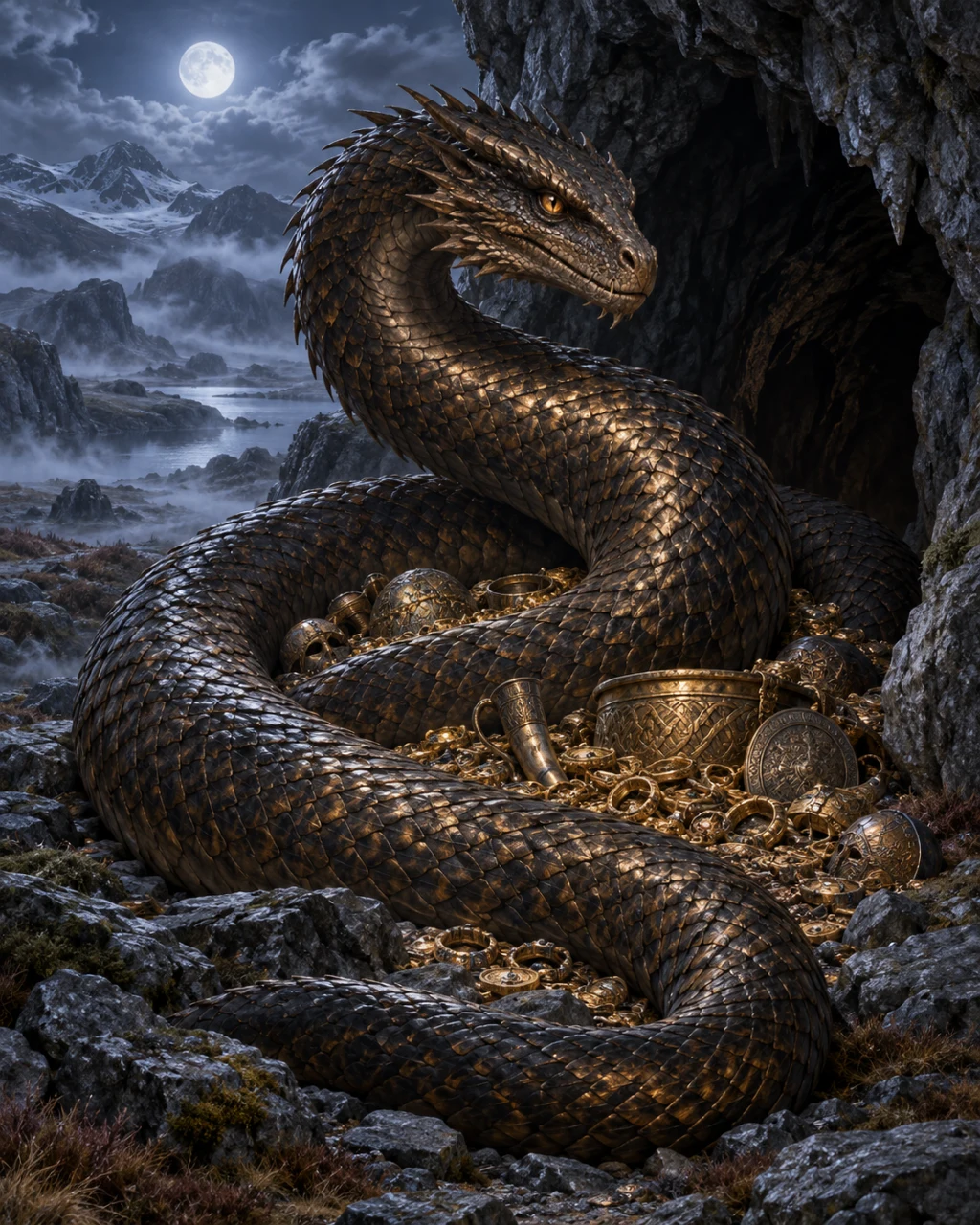 Fáfnir dressant sa tête au-dessus de ses anneaux et d’un trésor, à l’entrée d’un antre rocheux