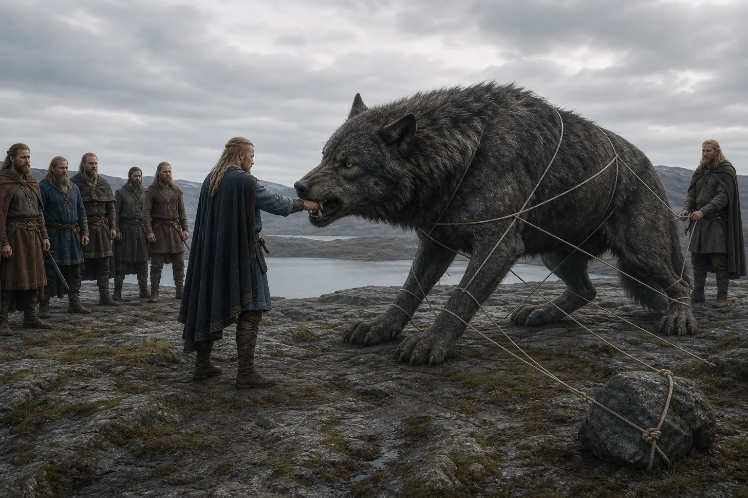 Ligature de Fenrir sur l'île de Lyngvi avec le lien Gleipnir et le gage de Týr