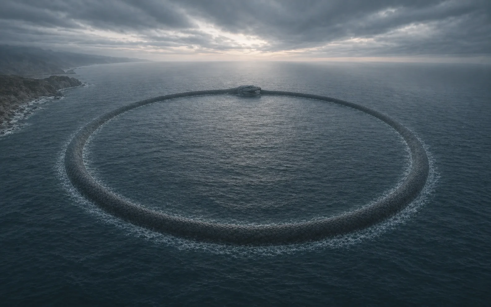 Jörmungandr forme un immense cercle dans l'océan autour de Midgard