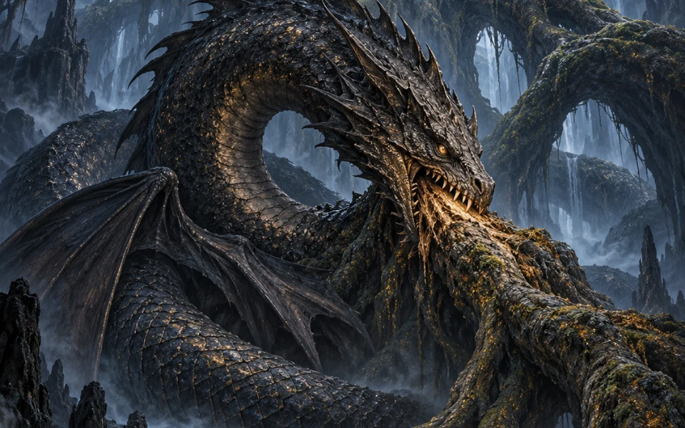 Níðhöggr, dragon sombre, mord une racine d’Yggdrasil au-dessus d’une eau brumeuse