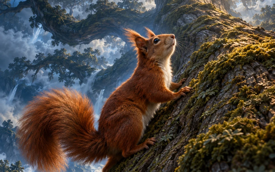 Ratatoskr, écureuil roux, grimpe sur le tronc immense d’Yggdrasil