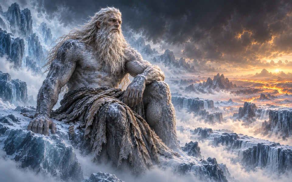 Évocation artistique d’Ymir, géant primordial dans les brumes et le givre