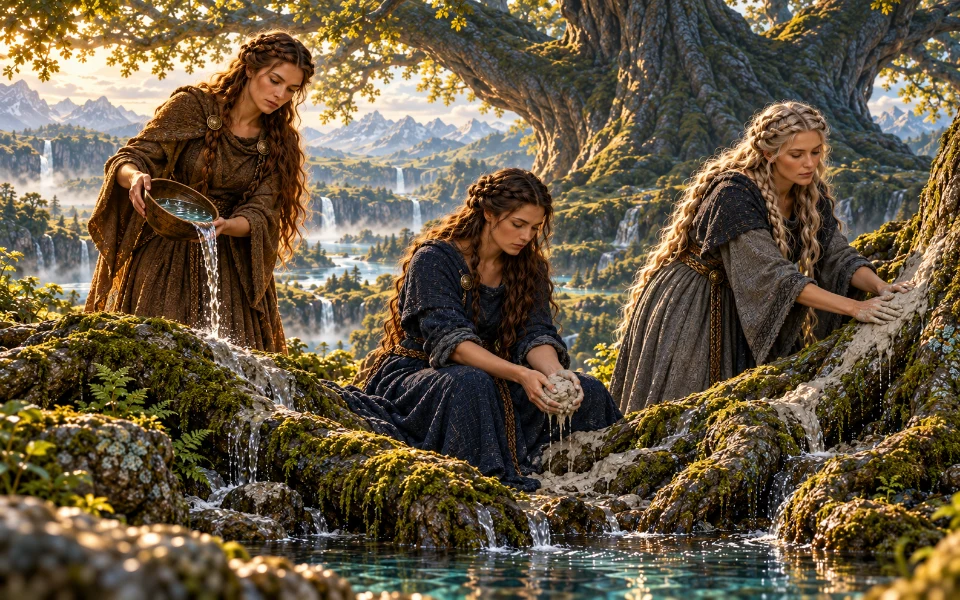 Trois Nornes prenant soin des racines d’Yggdrasil, évocation artistique contemporaine