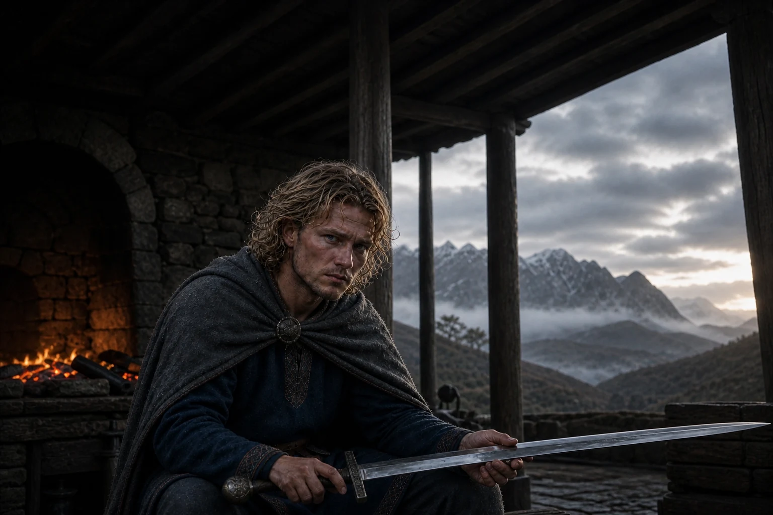 Sigurd seul devant la forge examine l'épée Gram posée horizontalement entre ses mains