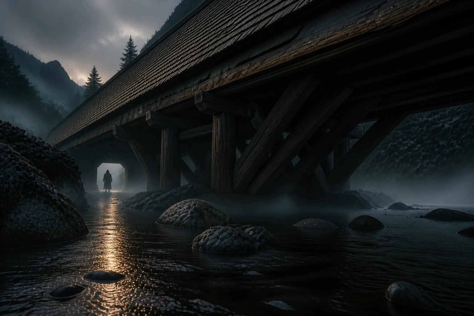 Gjallarbrú vue depuis la rive sombre de la rivière Gjöll