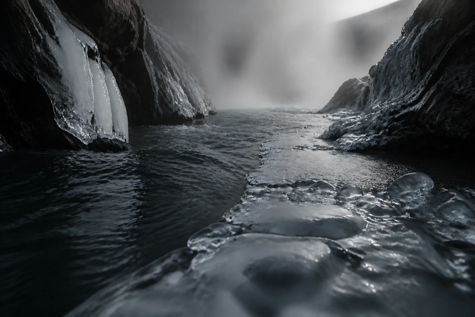 Cours d'eau sombre issu de Hvergelmir entre glace, basalte et brumes de Niflheim
