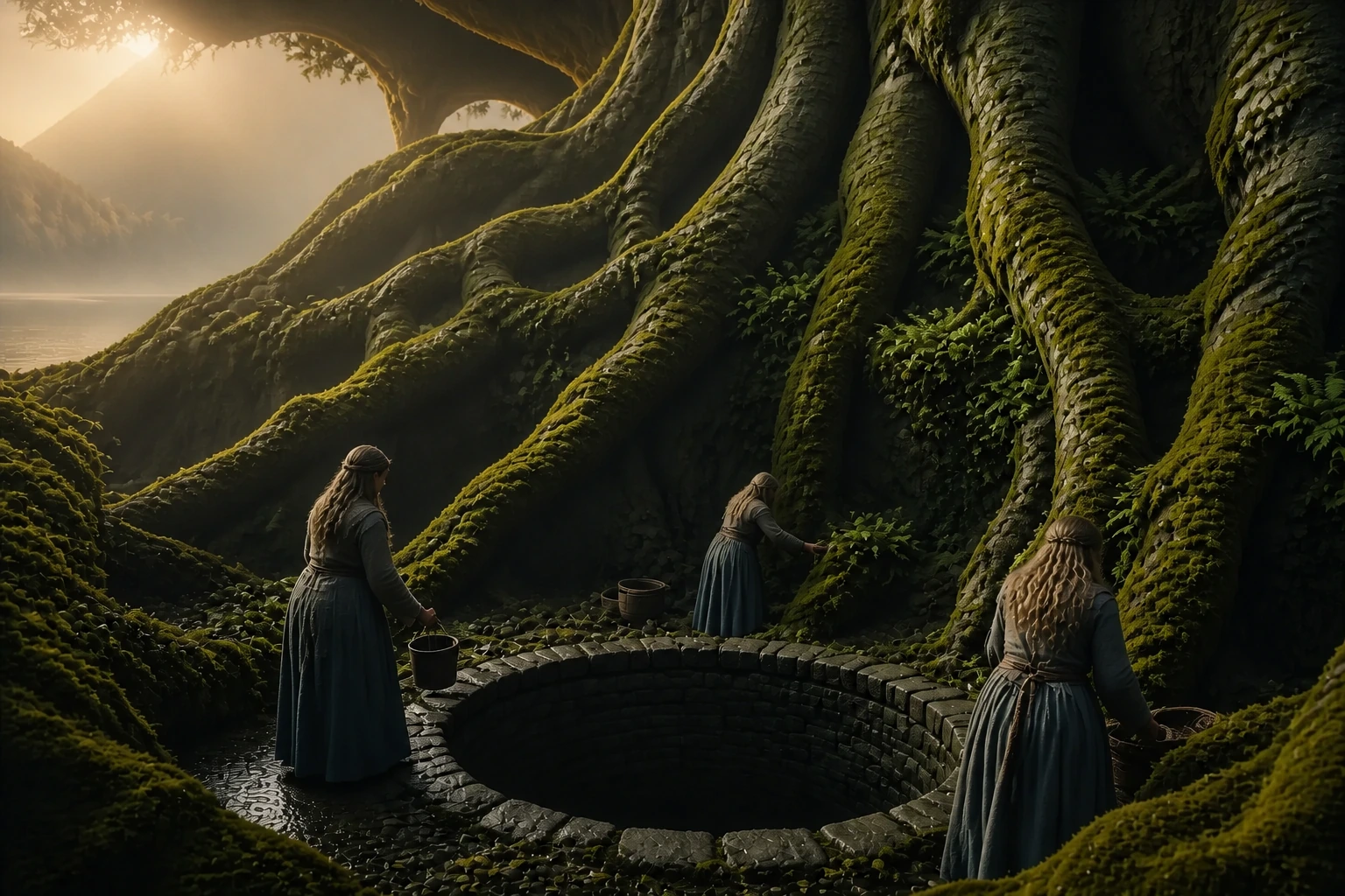 Les trois Nornes prennent soin des racines d'Yggdrasil auprès du puits d'Urðr