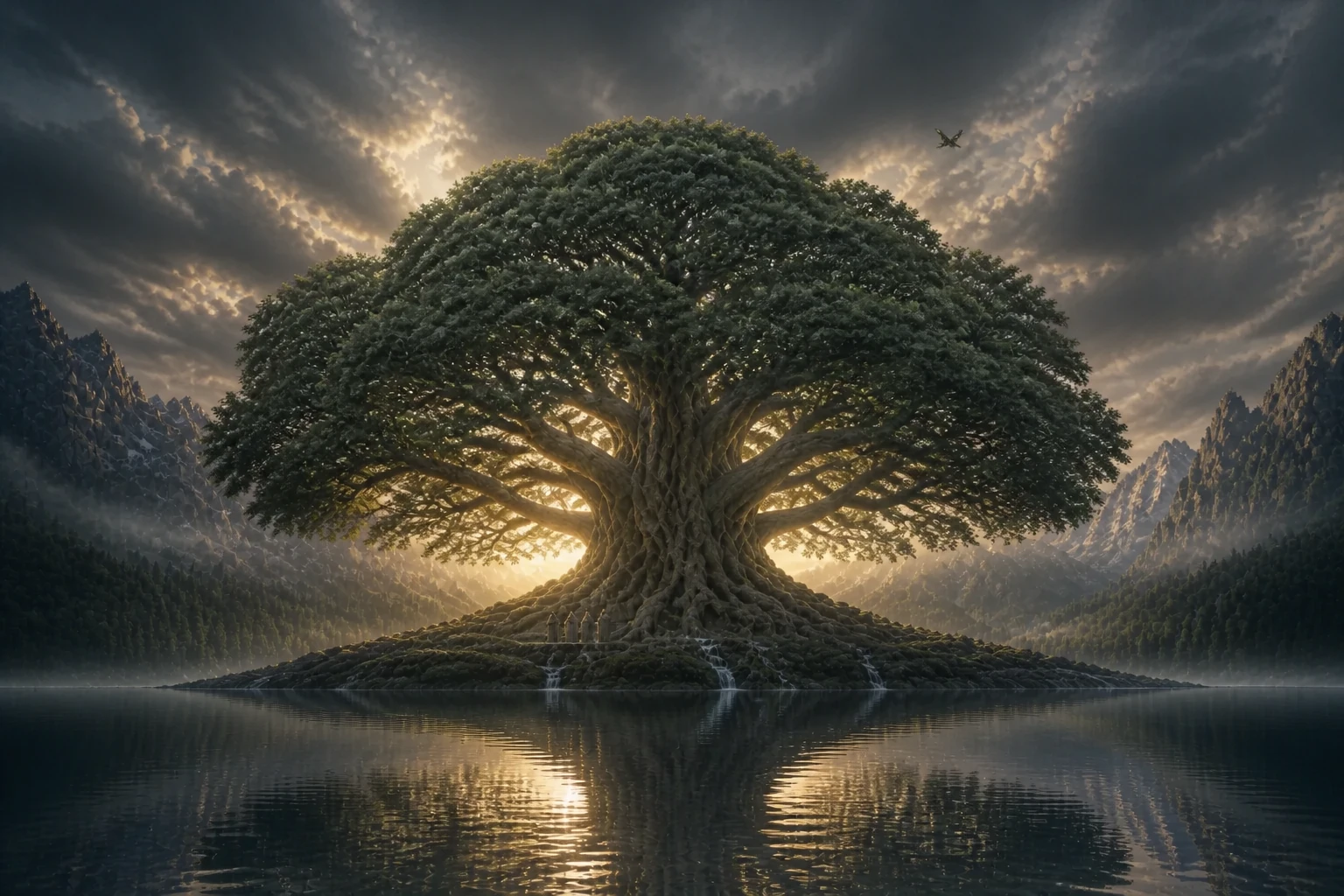Yggdrasil monumental sur un îlot montagneux, ses racines au bord du lac et les trois Nornes à son pied