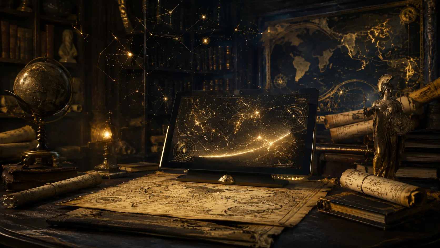 Bibliothèque numérique mythologique et carte antique lumineuse
